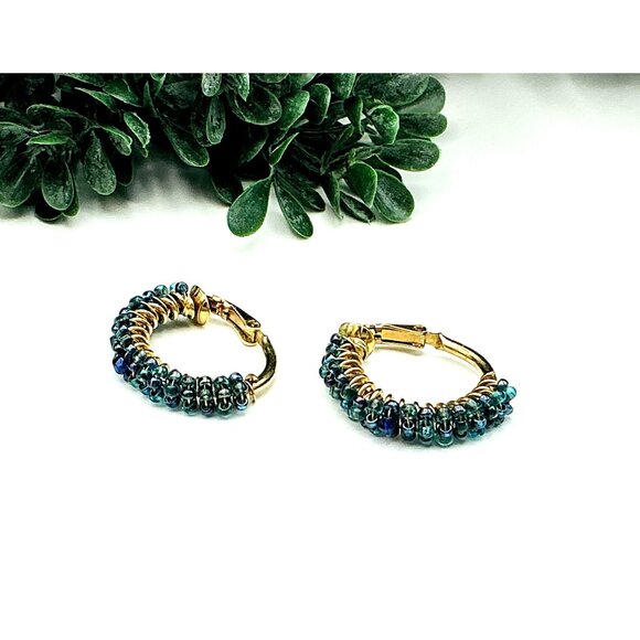 Gold Tone Beaded Hoop Earrings Blue Green seed beads - Picture 1 of 4